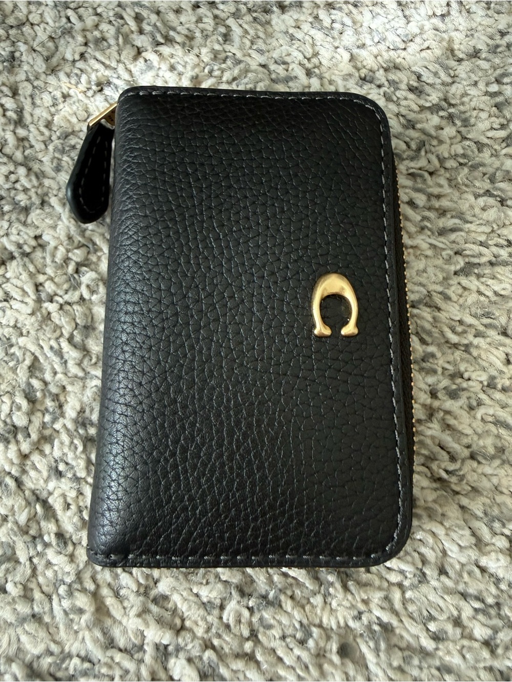Coach Black Pebbled Leather Zip mini card wallet with Gold Logo